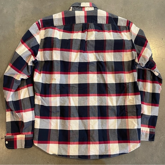 JCrew Oxford red navy blue plaid button down causal men shirt size large slim - Picture 3 of 5